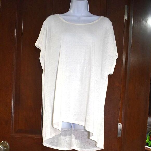 Eileen Fisher White Linen Blouse Size Large Oversized Semi Sheer Short Sleeve - Picture 2 of 11